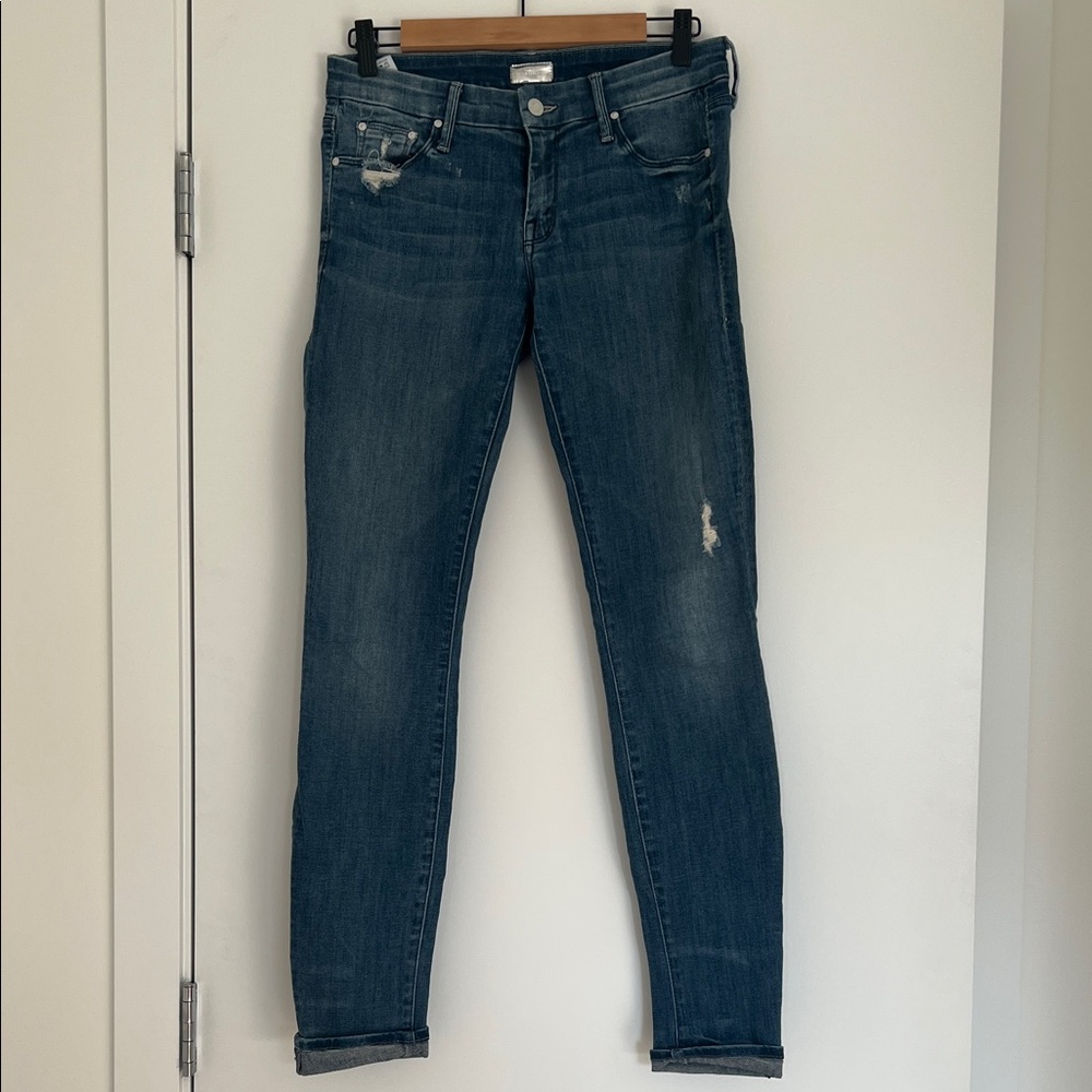 MOTHER Dark Blue Distressed Skinny Jeans